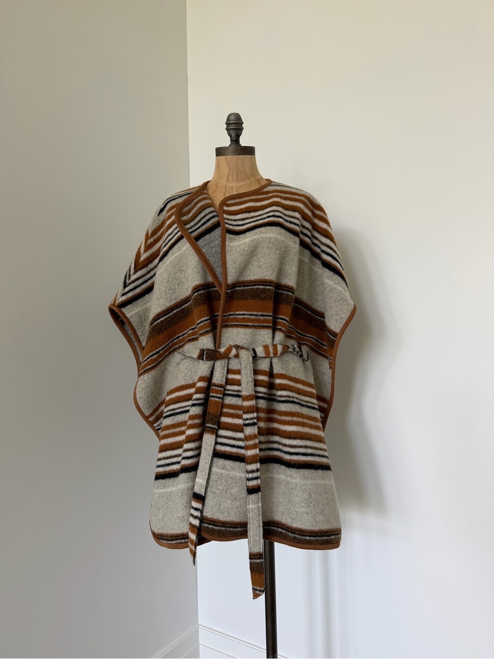 SUNCOO Striped Belted Cape in Camel, Cream & Black